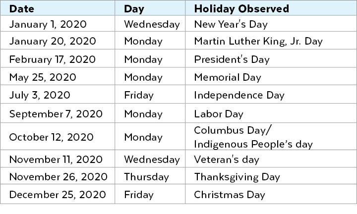 holiday schedule