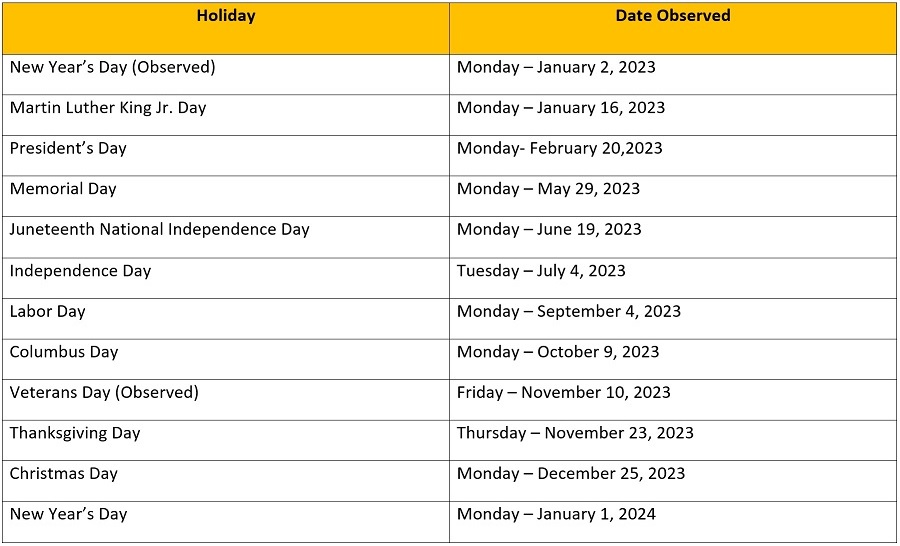 holiday schedule